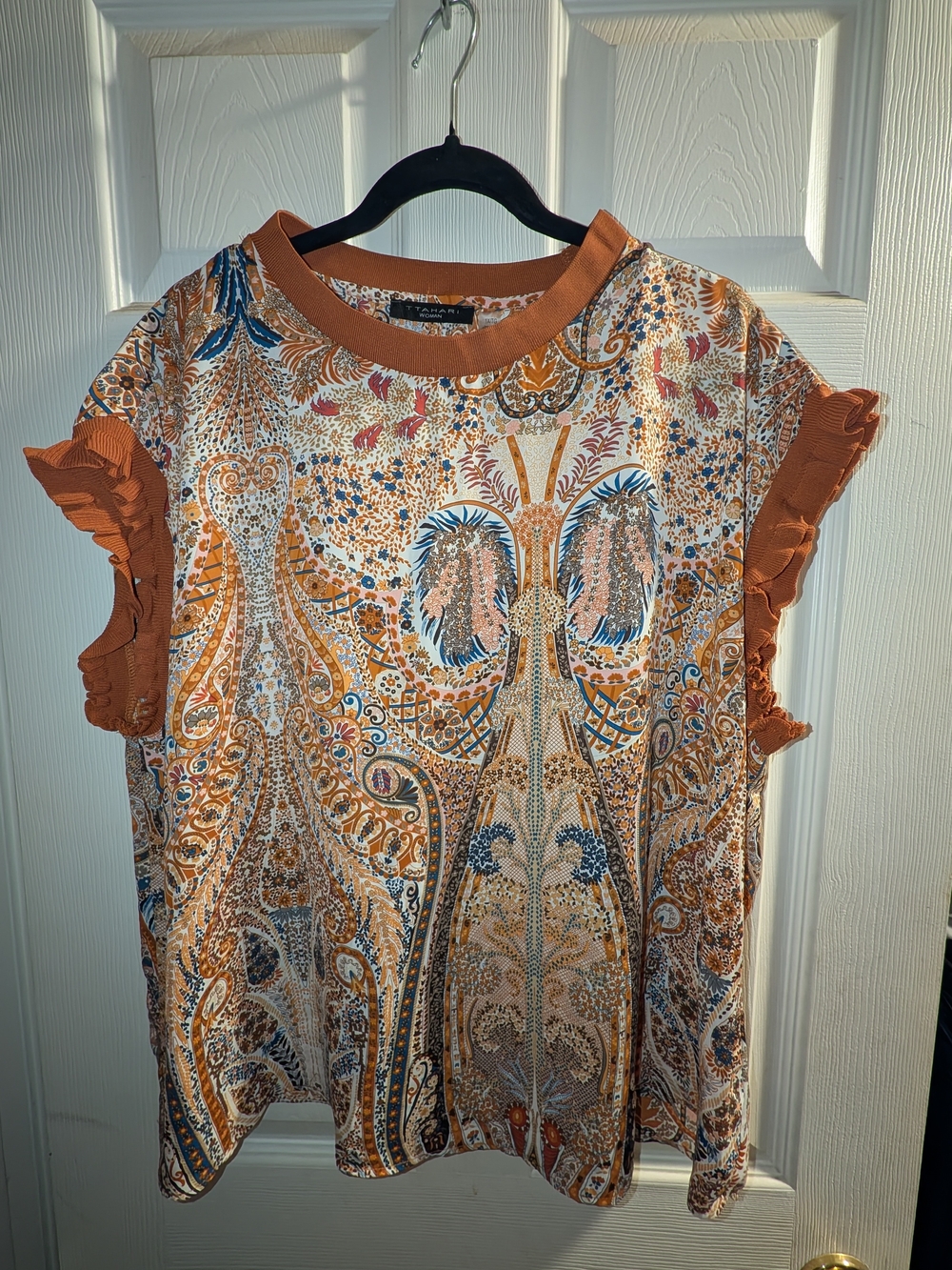 Tahari Woman Paisley Ruffle Sleeve Top in Rust and Blue